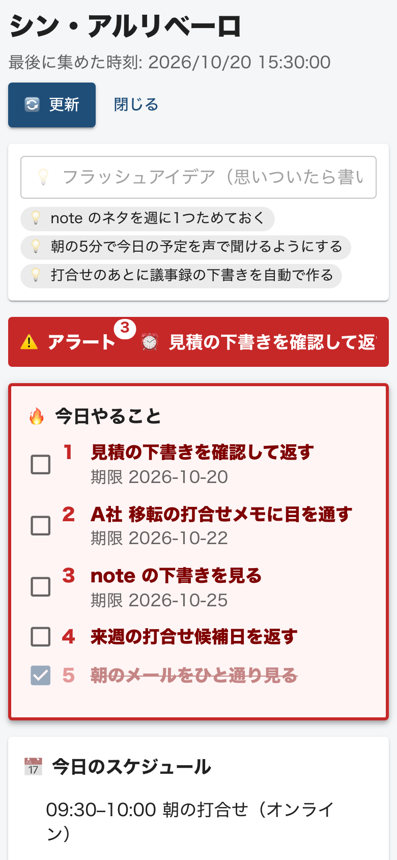 代表が毎日使っている管理画面（スマホ）。今日やること・アラート・予定が並んでいる（中身は見本のデータ）
